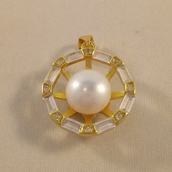 Gold 925 Silver Genuine White South Sea Pearl Diamond Zircon Necklace Pendant - Picture 3 of 8